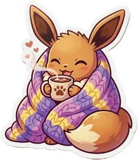 Eevee wrapped in a cozy purple and gold blanket, sipping a warm drink, sticker by LoverGirlPlays