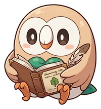 Rowlet reading a big book with a feather quill, sticker by LoverGirlPlays