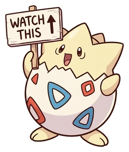 Togepi holding a Watch this sign pointing up at the video, sticker by LoverGirlPlays